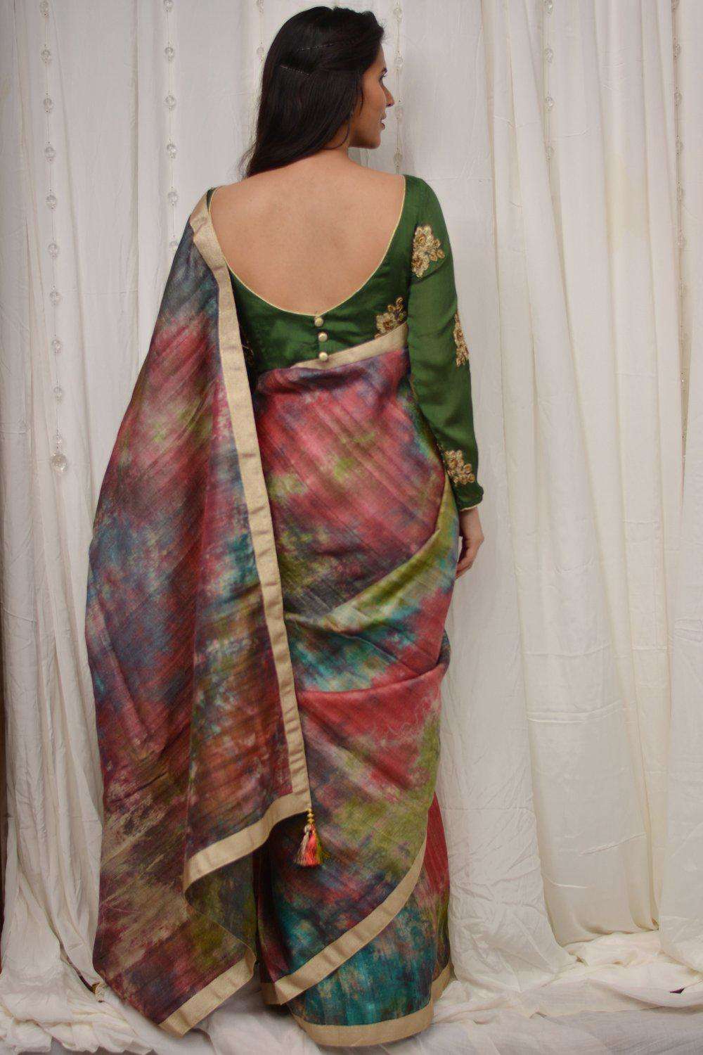 Red, blue and green shibori shaded jute silk saree with gold shimmer border - House of Blouse
