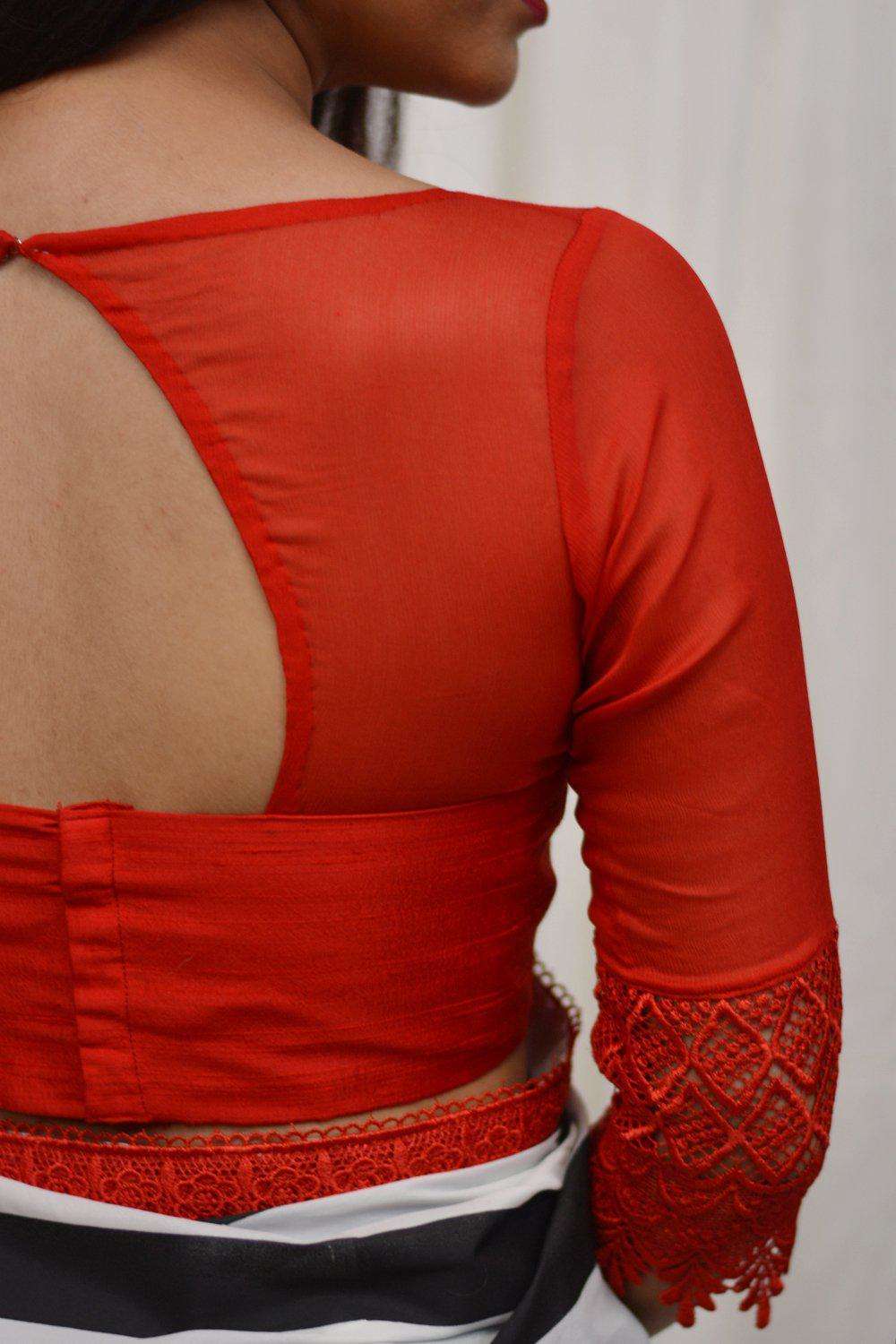 Red raw silk and chiffon sheer yoke blouse with lace border - House of Blouse
