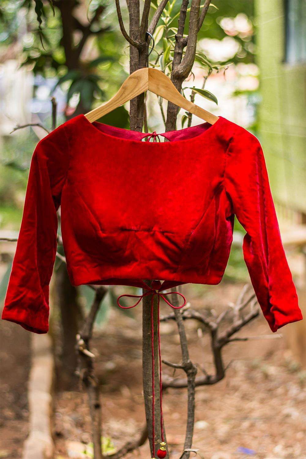 Red velvet double tie back blouse - House of Blouse