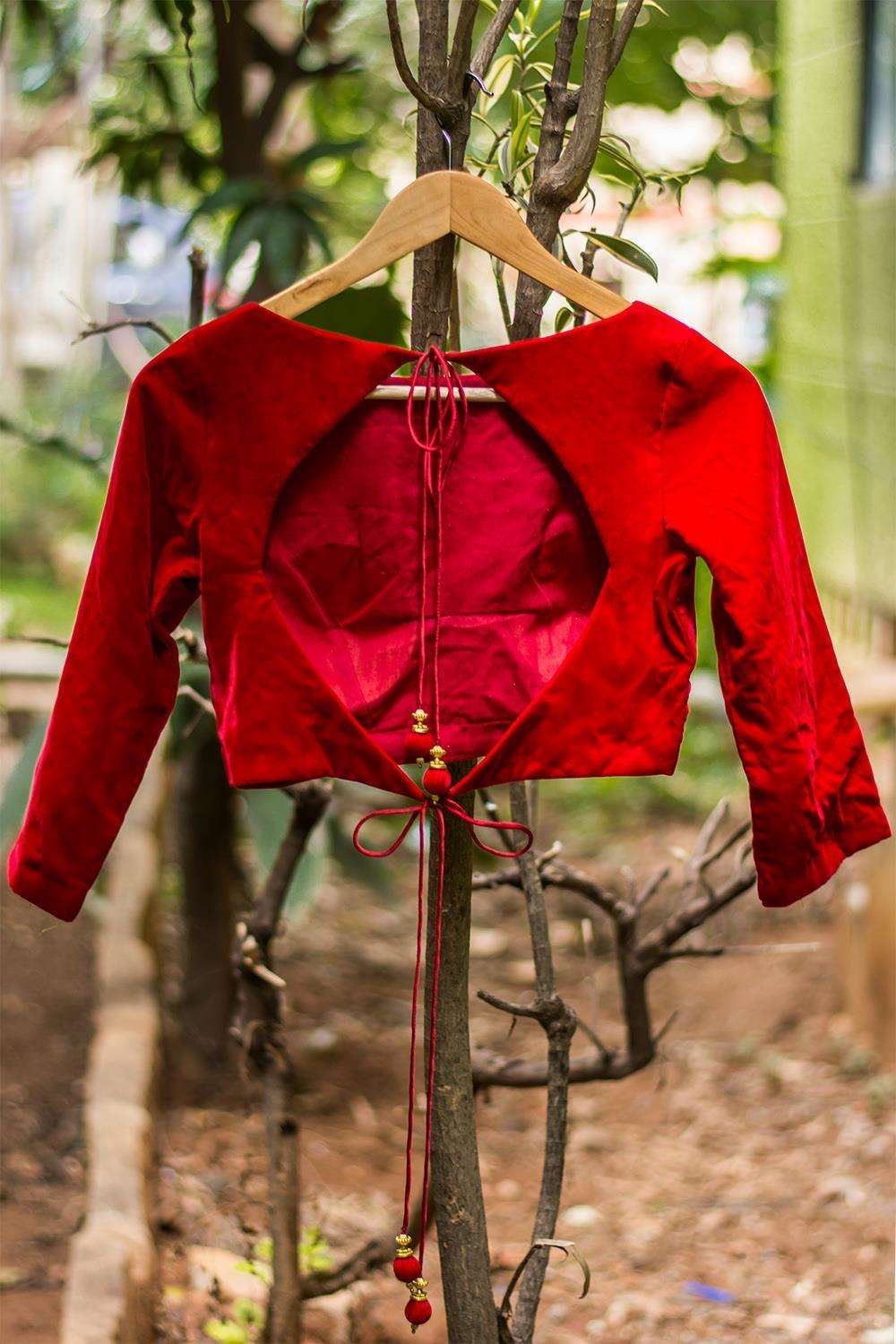 Red velvet double tie back blouse - House of Blouse