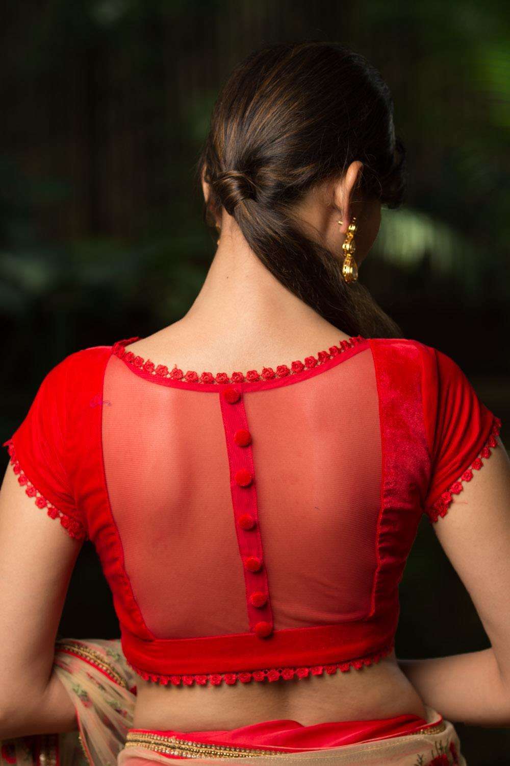 Red velvet sheer back blouse - House of Blouse