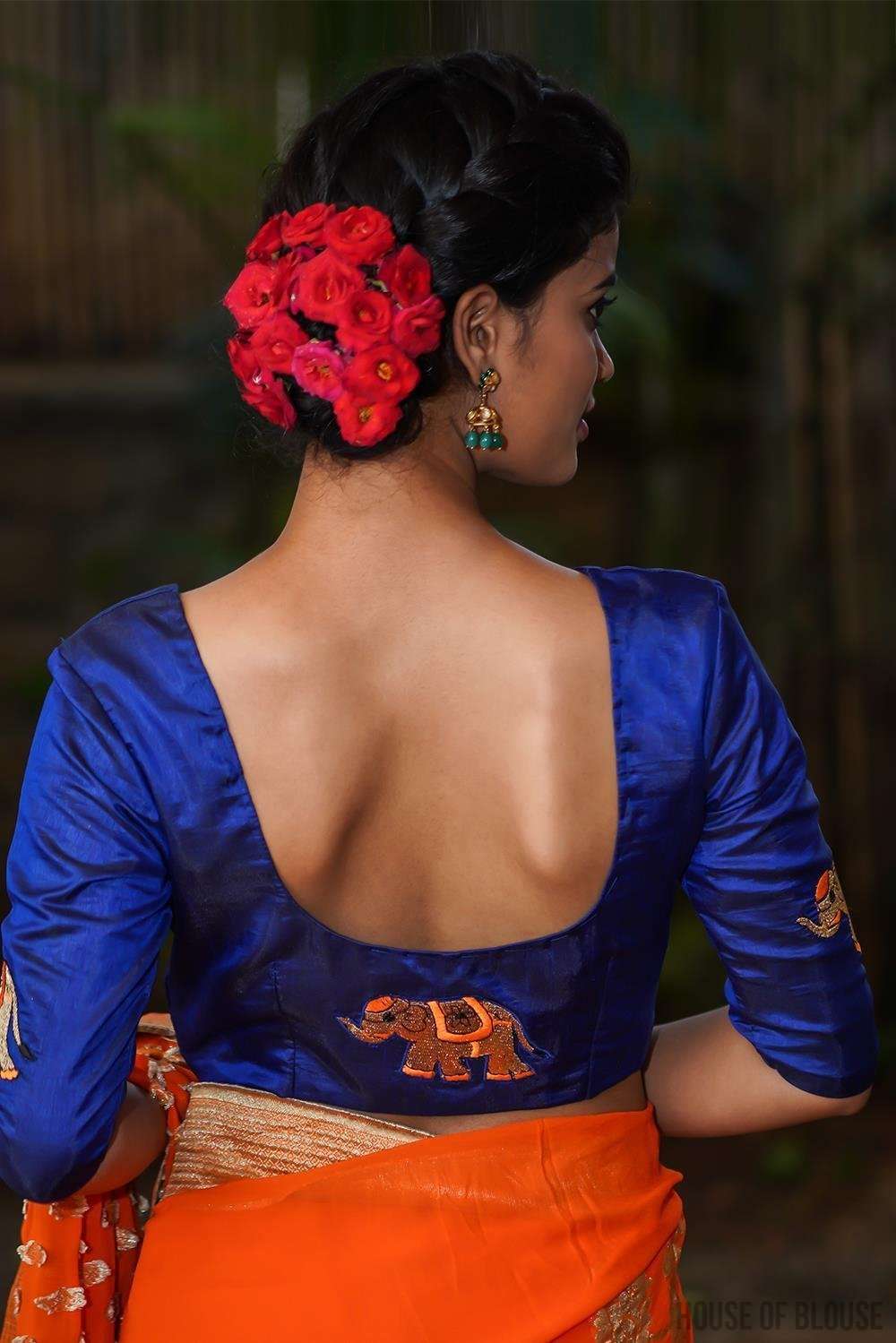Royal blue semi silk blouse with embroidered elephant appliques - House of Blouse
