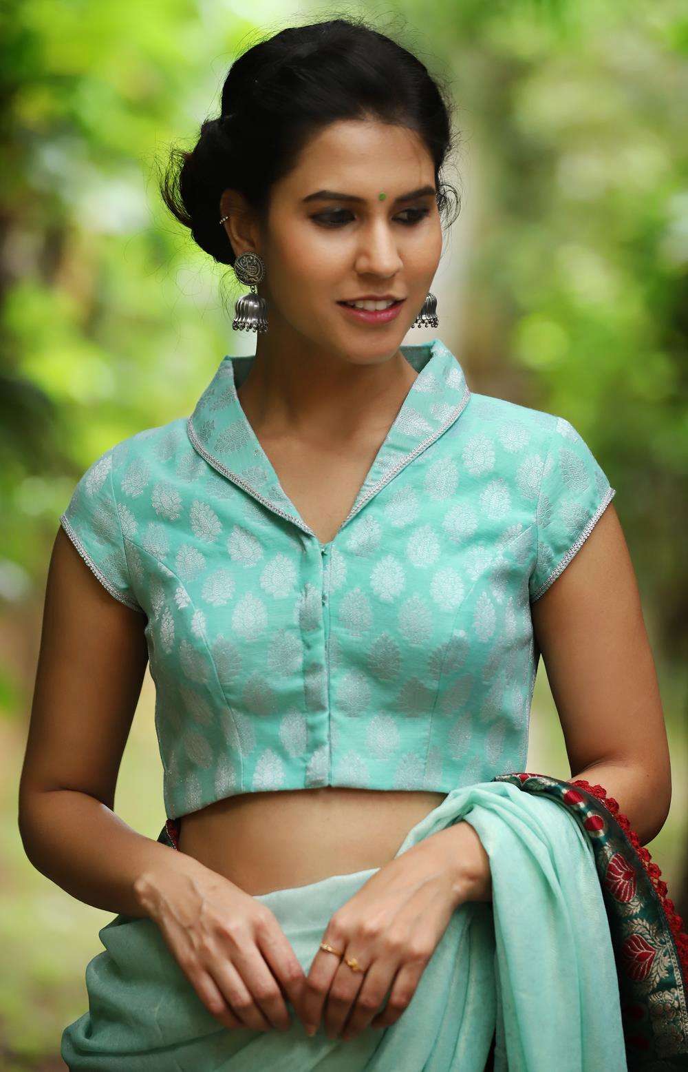 Sea green and silver chanderi brocade blouse with shawl collar - House of Blouse