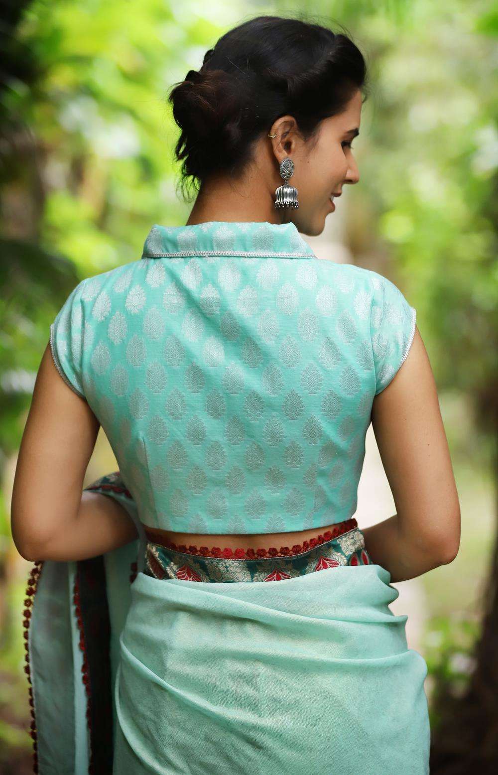 Sea green and silver chanderi brocade blouse with shawl collar - House of Blouse