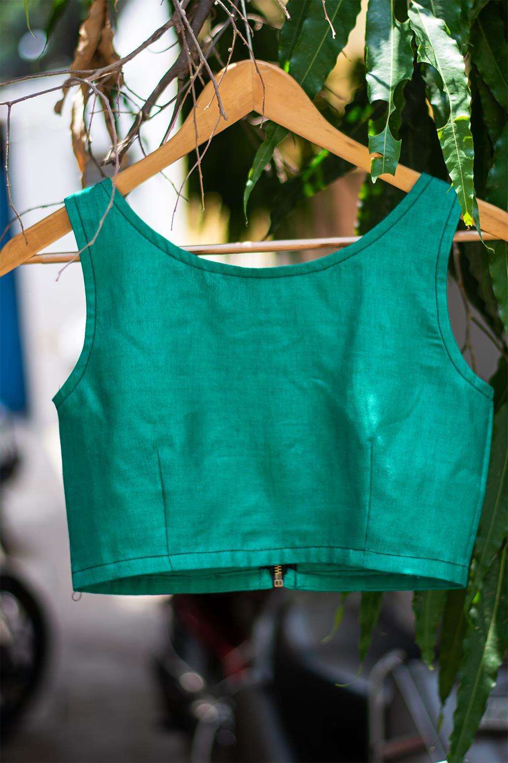 Sea green semi matka silk sleeveless blouse with zip detailing - House of Blouse