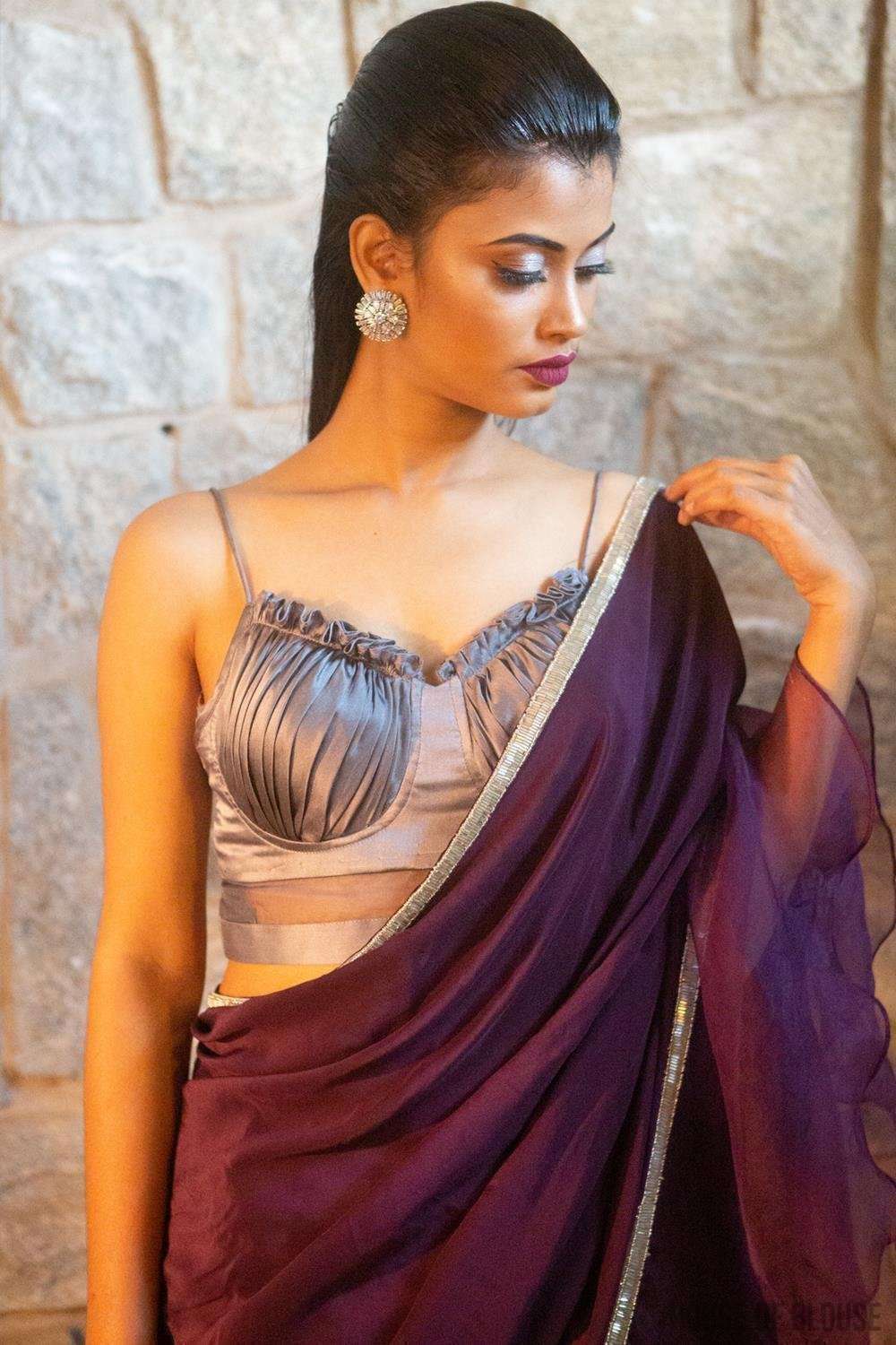 Silver-grey pure silk satin spaghetti-strap gathered bustier blouse - House of Blouse