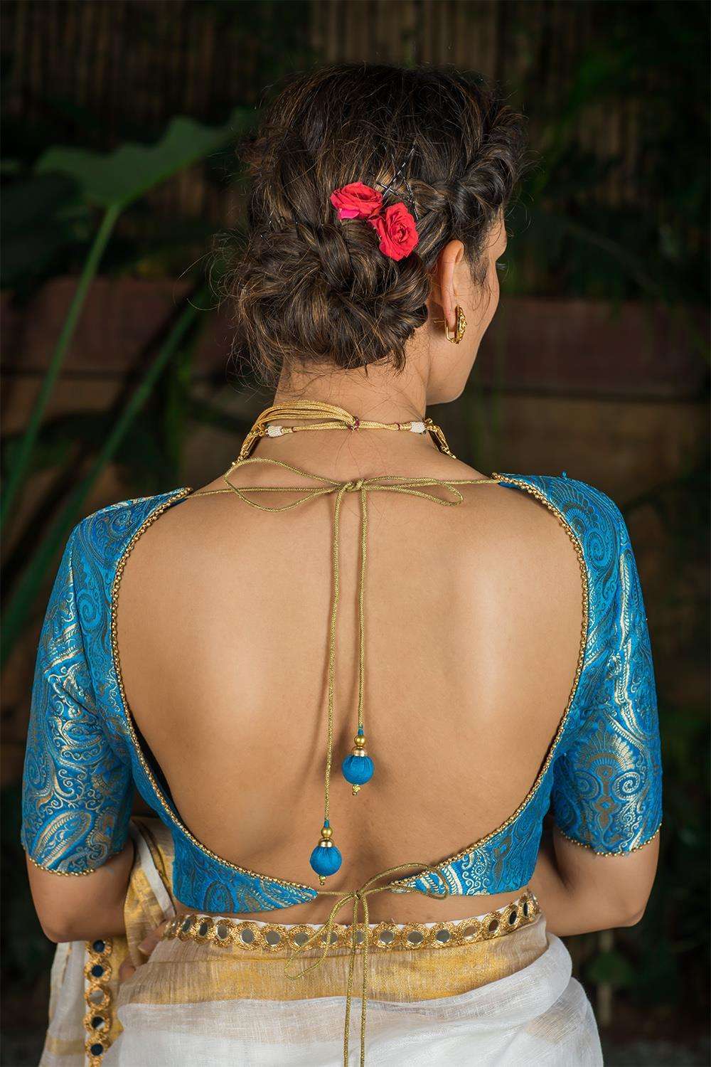 Sky blue brocade armband blouse with double tie back - House of Blouse