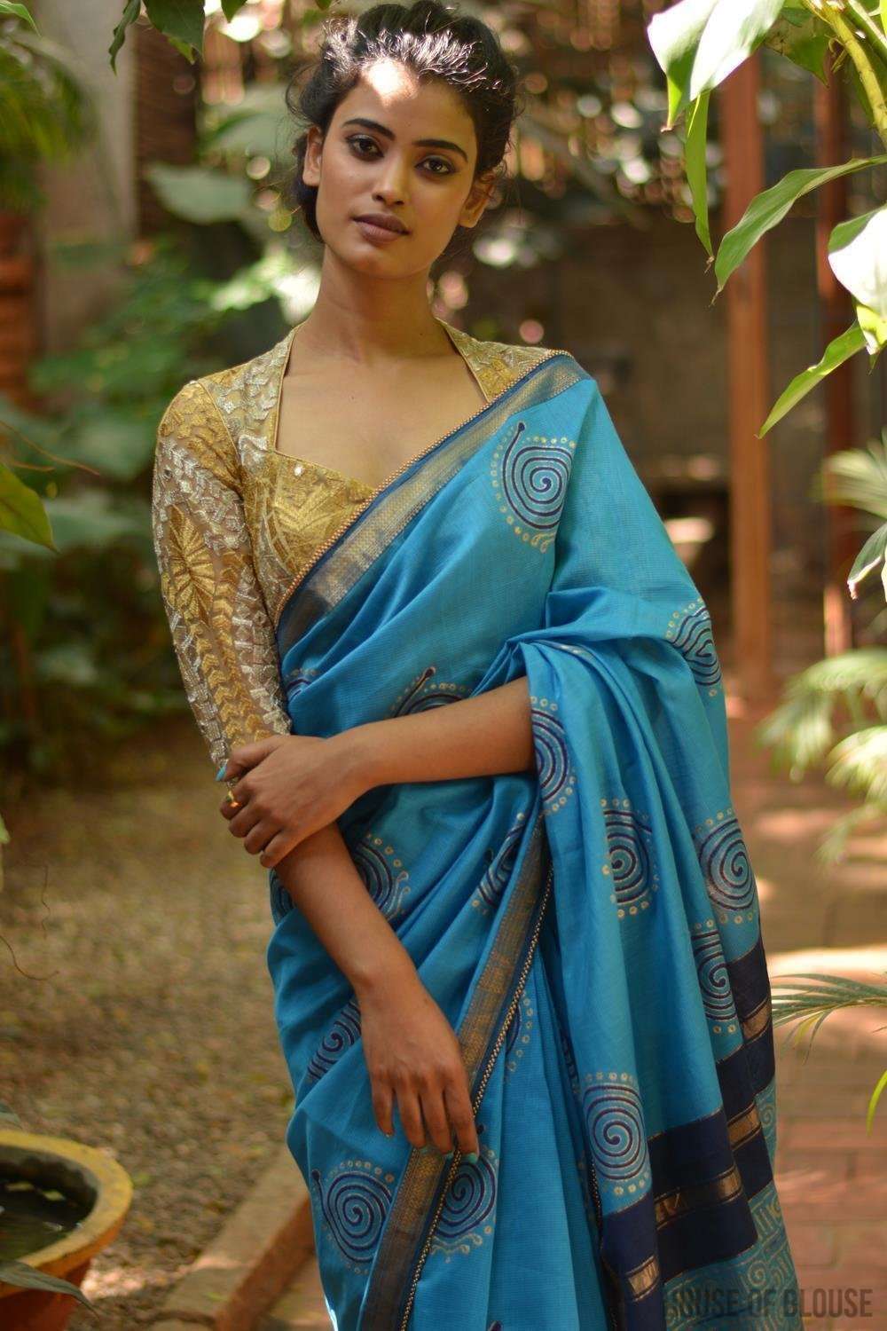 Sky blue Maheshwari handloom silkcot saree with blue and gold block print - House of Blouse