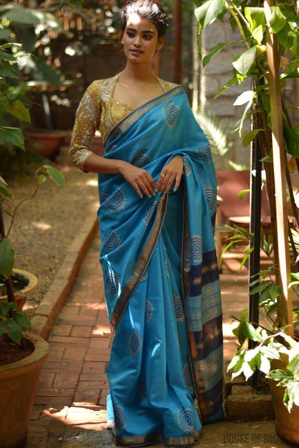 Sky blue Maheshwari handloom silkcot saree with blue and gold block print - House of Blouse