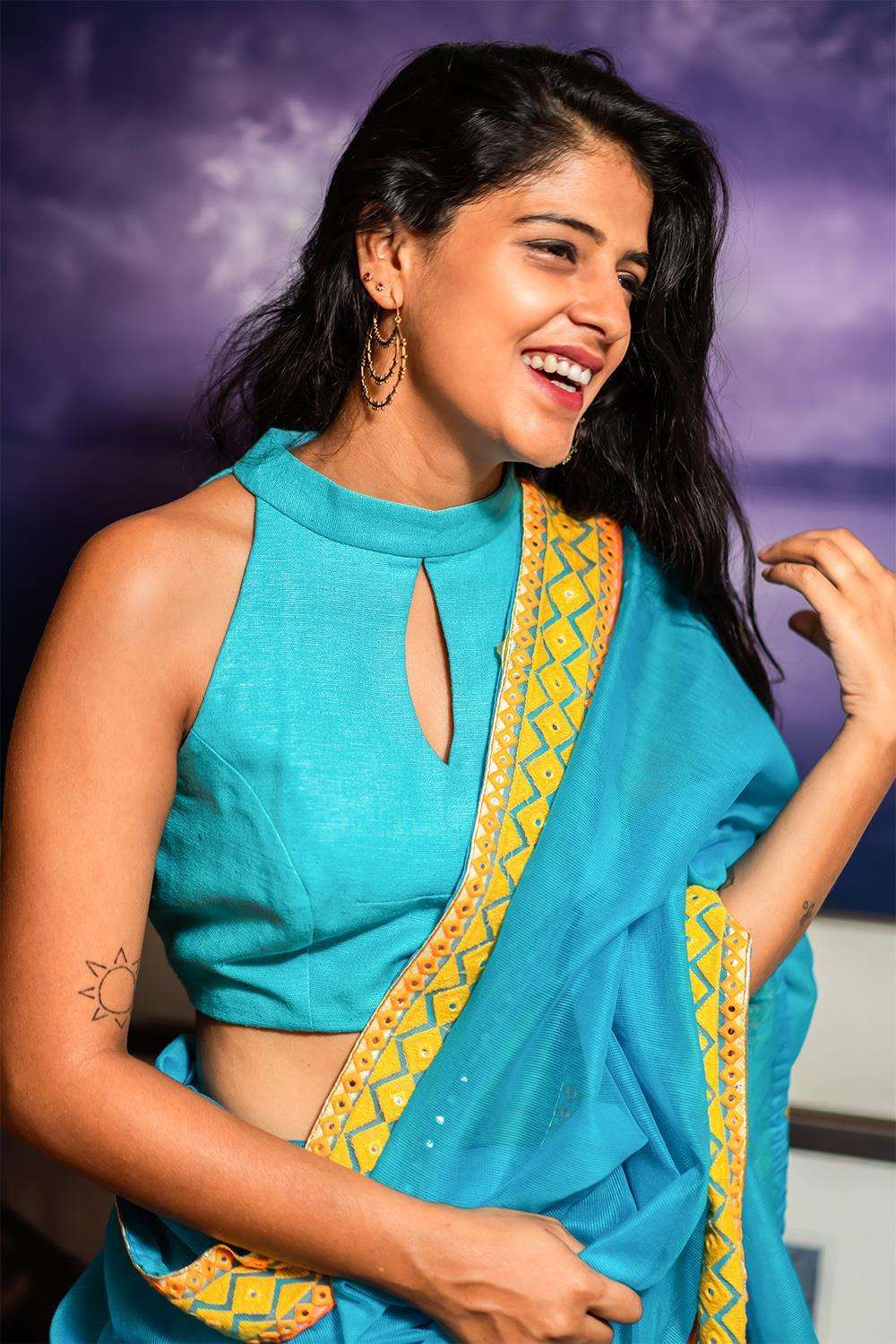 Turquoise jute cotton hi neck sleeveless blouse - House of Blouse