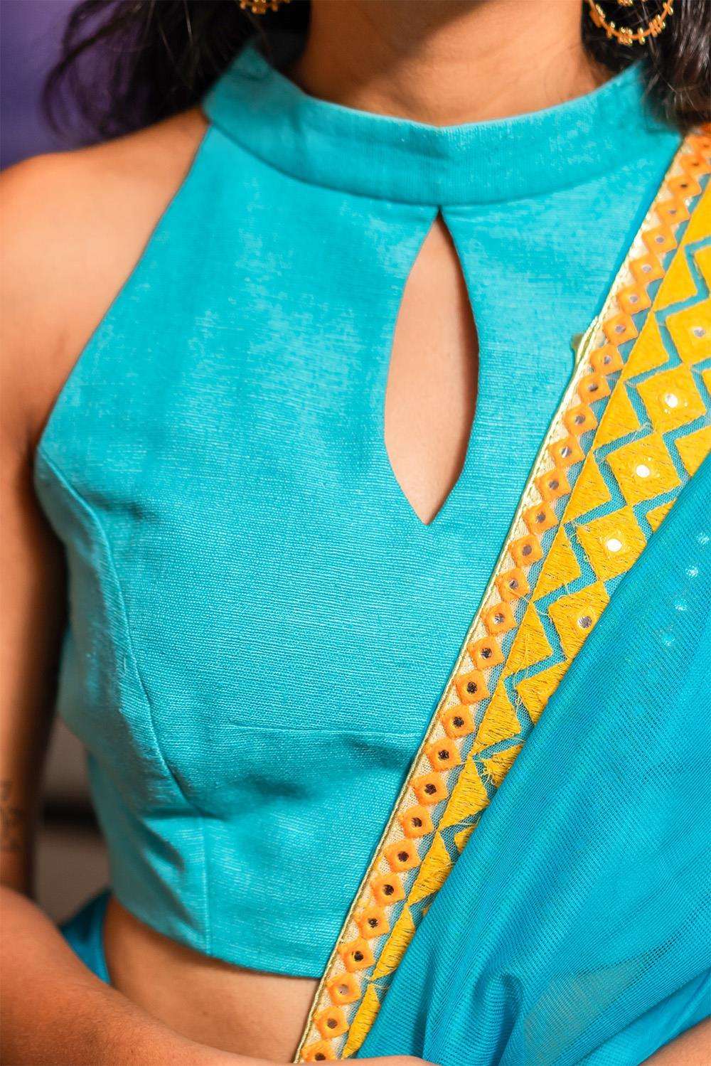 Turquoise jute cotton hi neck sleeveless blouse - House of Blouse