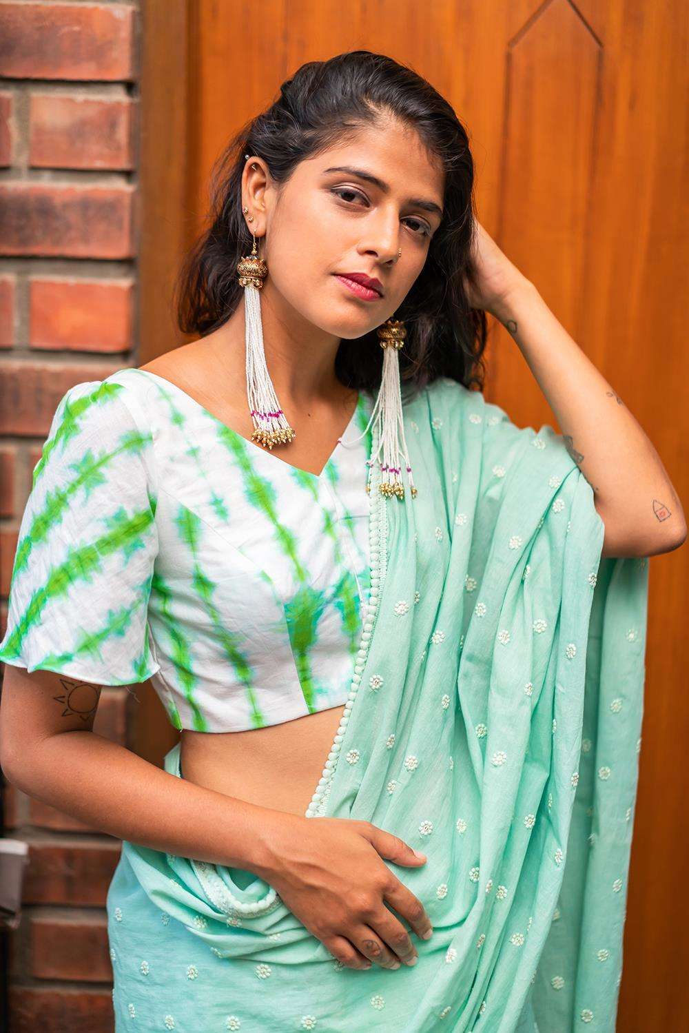 White and green shibori dyed cotton V neck blouse with bell sleeves - House of Blouse