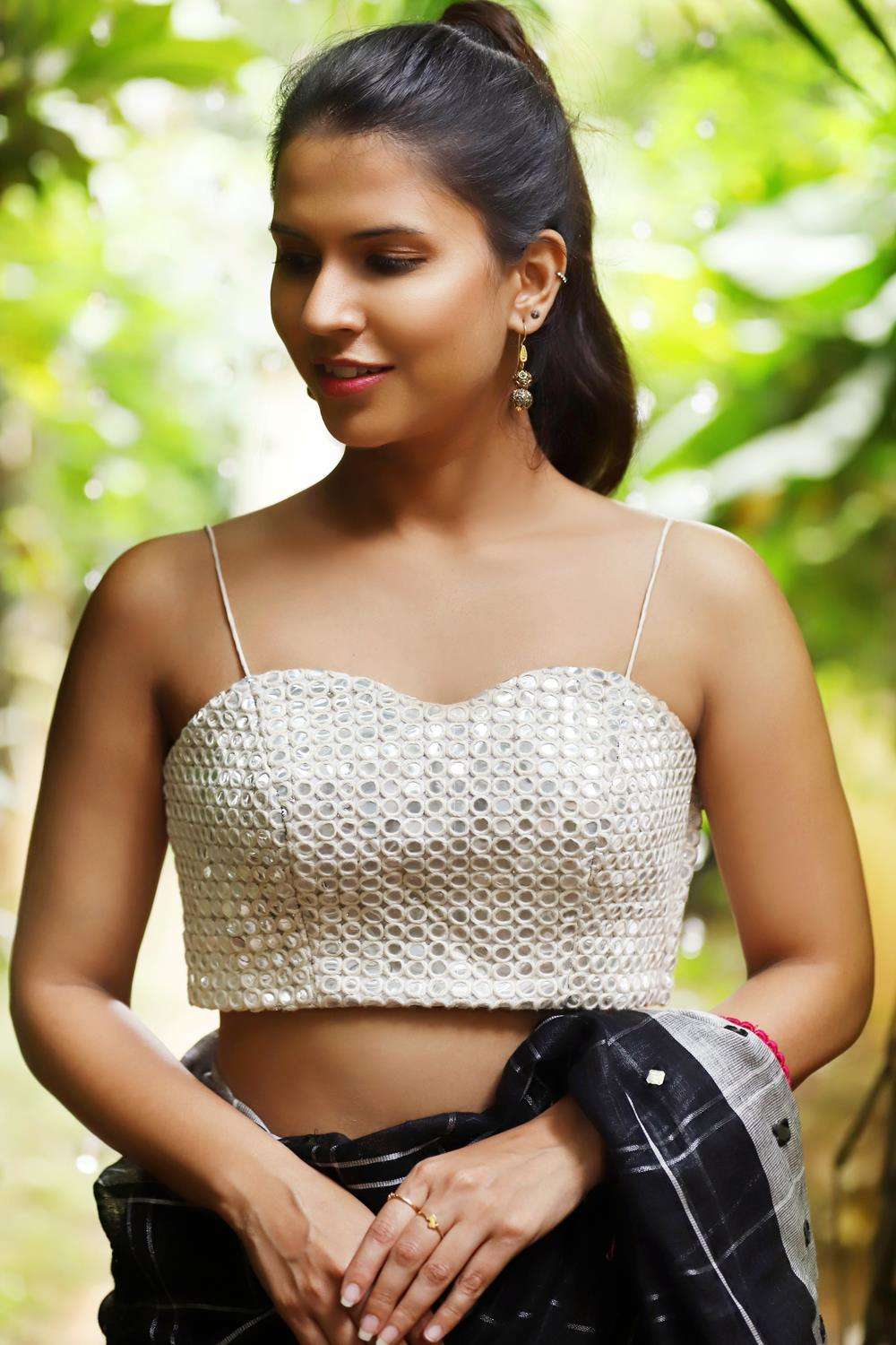 White mirrorwork spaghetti strap blouse - House of Blouse