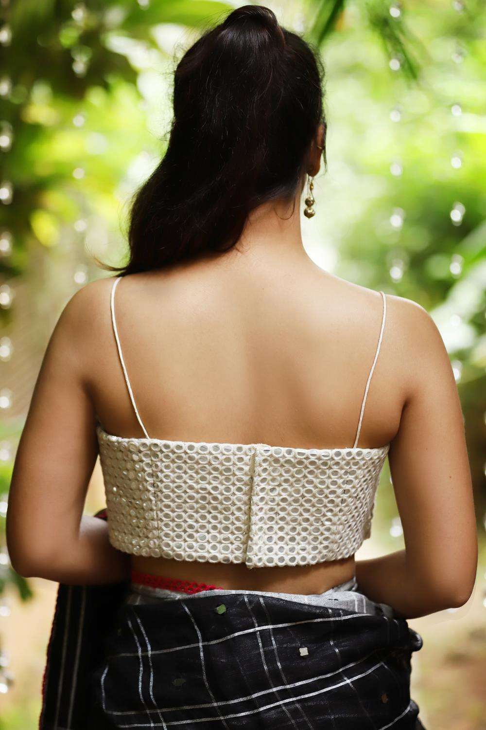 White mirrorwork spaghetti strap blouse - House of Blouse