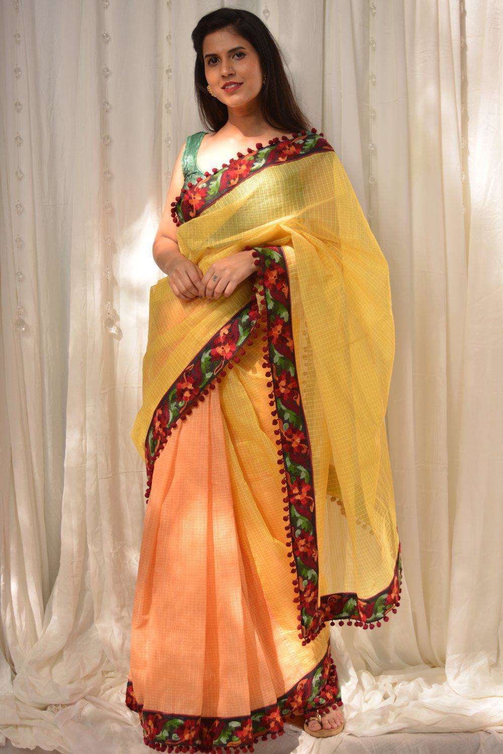 Yellow and orange half and half Kota doria saree with maroon threadwork border and pom pom edging - House of Blouse