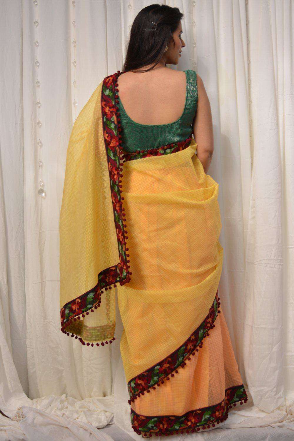 Yellow and orange half and half Kota doria saree with maroon threadwork border and pom pom edging - House of Blouse