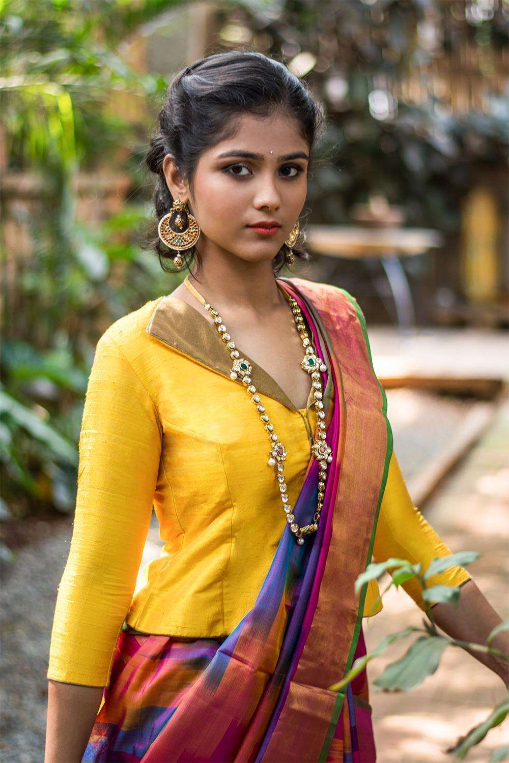 Yellow raw silk jacket blouse with gold brocade collar - House of Blouse