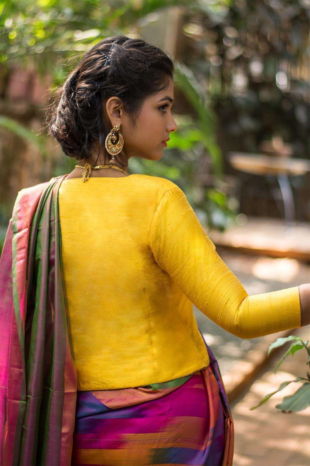 Yellow raw silk jacket blouse with gold brocade collar - House of Blouse