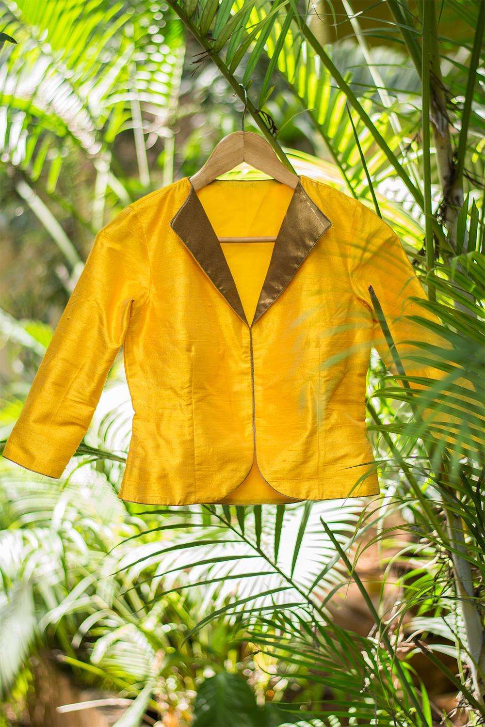 Yellow raw silk jacket blouse with gold brocade collar - House of Blouse