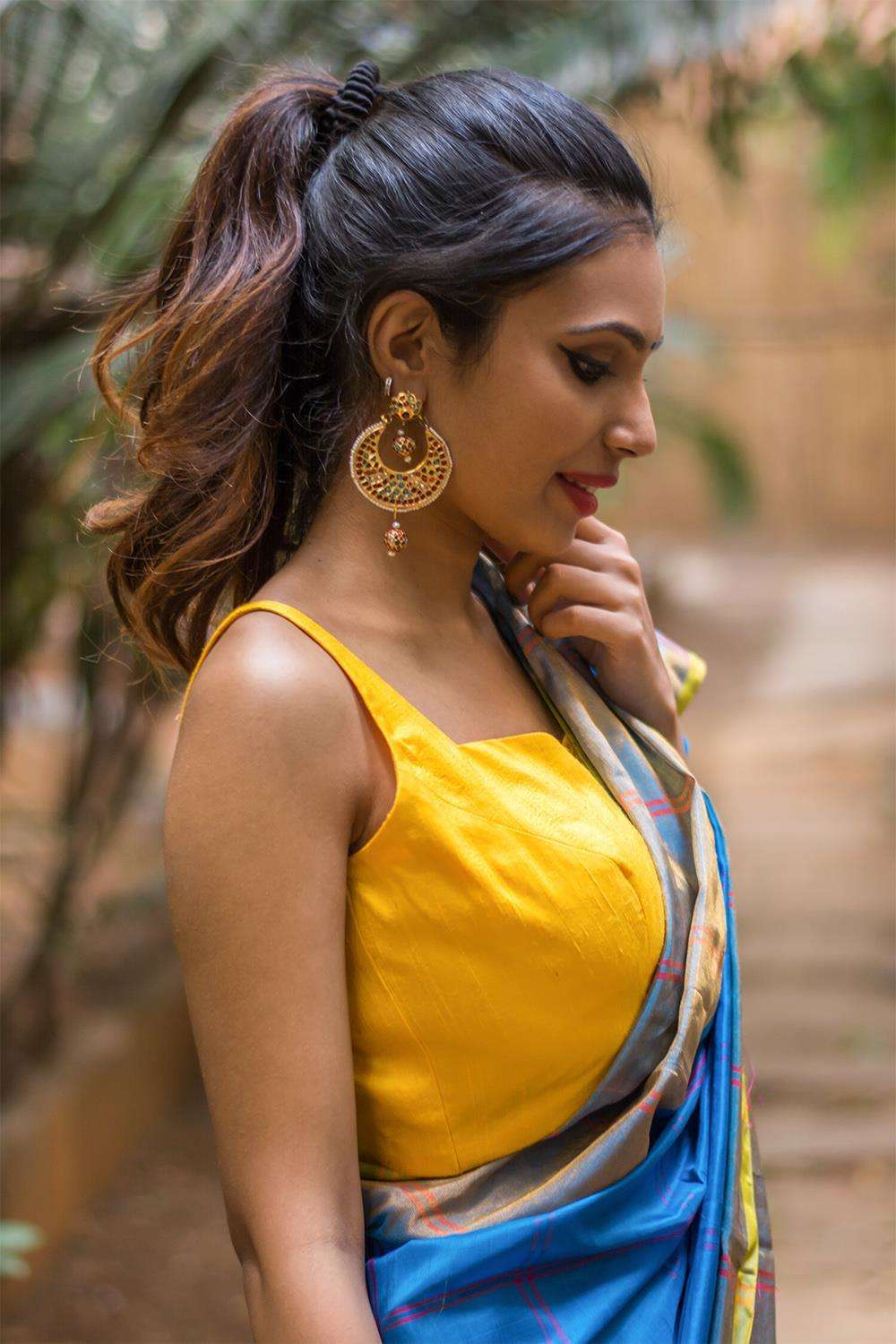 Yellow raw silk sleeveless blouse with applique on back - House of Blouse