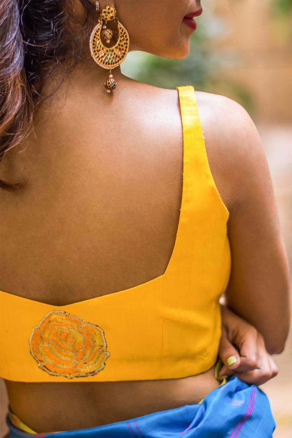 Yellow raw silk sleeveless blouse with applique on back - House of Blouse